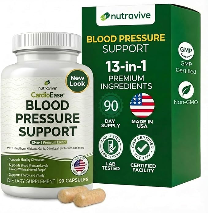 Nutravive 13-in-1 Heart Health Supplement – Supports Healthy Circulation &amp Blood Pressure Levels – with Hawthorn Garlic Olive Leaf Hibiscus B12 Juniper Green Tea and More |GMP|90 Capsules|