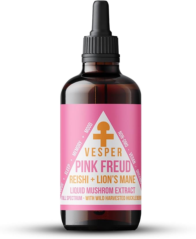 Vesper Pink Freud Mushroom Liquid Extract - Reishi &amp Lion’s Mane Blend with Wild Huckleberries for Immunomodulation Neurogenesis and Mood Support USA-Grown for Calm &amp Mental Clarity – 4oz