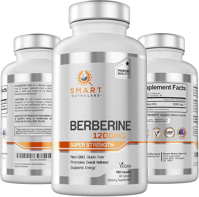 Smart Nutra Labs Premium Berberine HCL 1200mg- 180 Vegan Capsules 100% Pure Berberine Supplement- Non-GMO Gluten Free