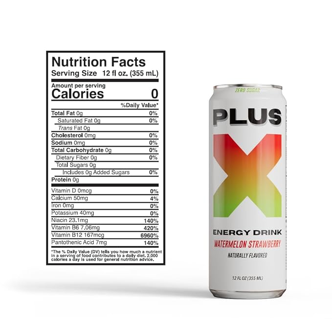 PLUS X Energy Drink – Watermelon Strawberry – 12 Pack | 150mg Natural Caffeine | Zero Sugar Zero Calories No Carbs | Electrolytes + B-Vitamins | Vegan No Artificial Flavors 12 oz. cans
