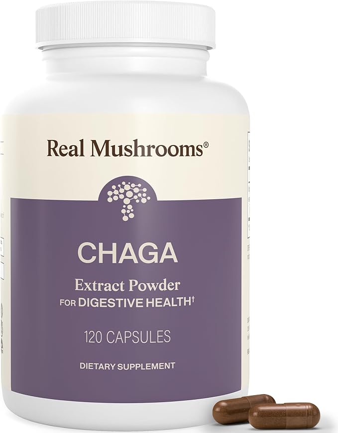 Real Mushrooms Chaga Mushroom Capsules – Organic Chaga Extract Powder with Extract Powder for Wellness &amp Energy Support– Vegan Non-GMO 120 Capsules – Organic Mushroom Supplement
