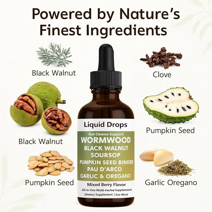 Prozen Wormwood Gut Cleanse Liquid Drops Black Walnut Wormwood Clove Liquid Extract with Soursop &amp Oregano Oil - Supports Digestive Health Energy Boost - 2 Fl Oz (1)