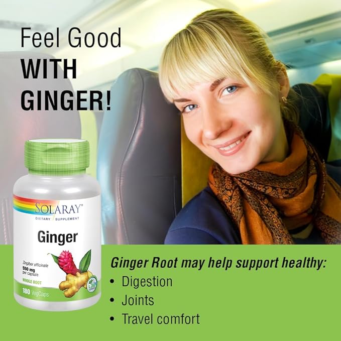 SOLARAY Ginger Root Capsules for Men &amp Women - Ginger Supplement for Digestive Health Support 1100 mg per Serving Motion &amp Stomach Discomfort Support Vegan Herb Sun Grown Whole Root- 180