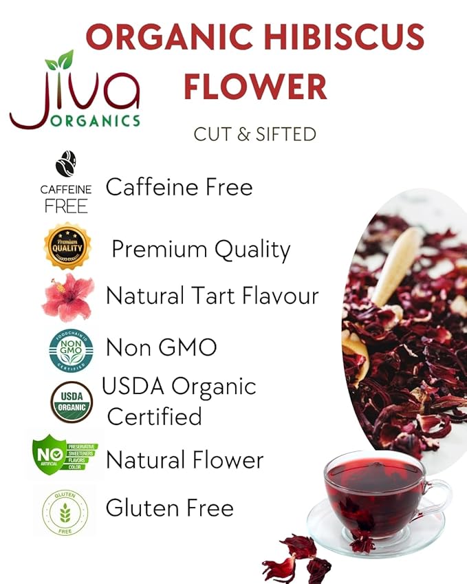 Organic Hibiscus Flowers 2 LB Jumbo Bulk Bag - 100% Pure Cut &amp Sifted Gluten Free Non GMO Non Irradiated Caffeine Free Perfect for Tea Blends Jams Baked Goods by Jiva Organics