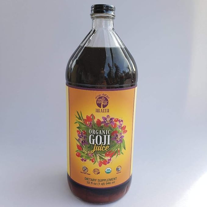 Organic Only GOJI Fruit Juice 100% Pure Puree 32oz (1qt) GLASS Bottle - The Happy Berry Vitamin Rich Super Juice Traditionally Prepared - 30g Goji Superfruit Per Serving - Gluten-Free &amp Vegan