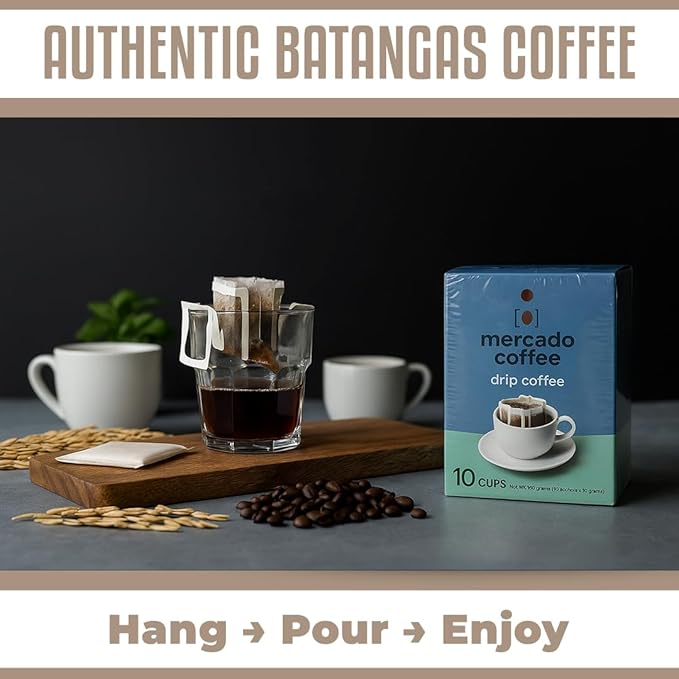 Mercado Drip Coffee – Premium Ground Coffee Single-Serve Brew Bags 10 Sachet Pack Dark Roast Authentic Filipino Blend
