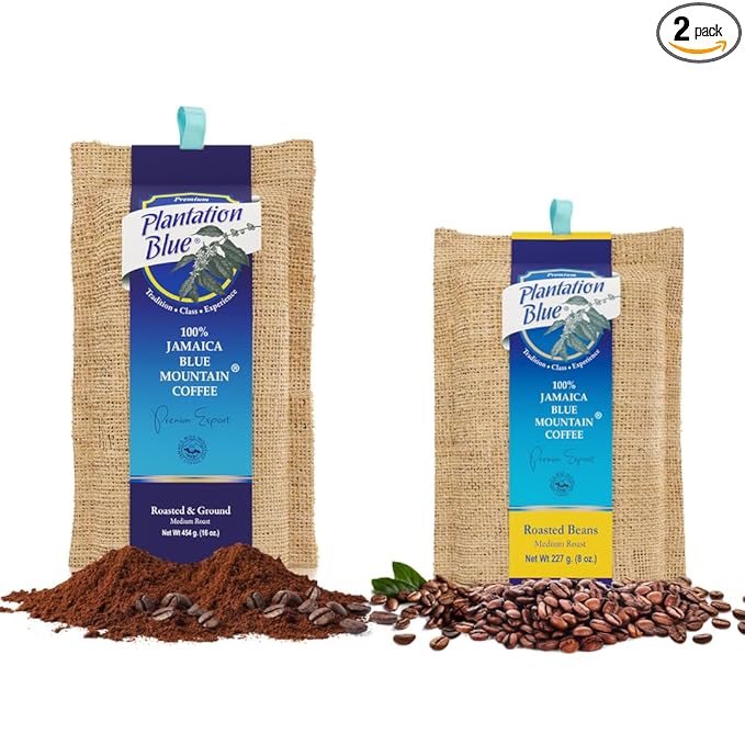 Plantation Blue 1lb Ground + 8oz Whole Beans Medium Roast Jamaica Blue Mountain Coffee Bundle
