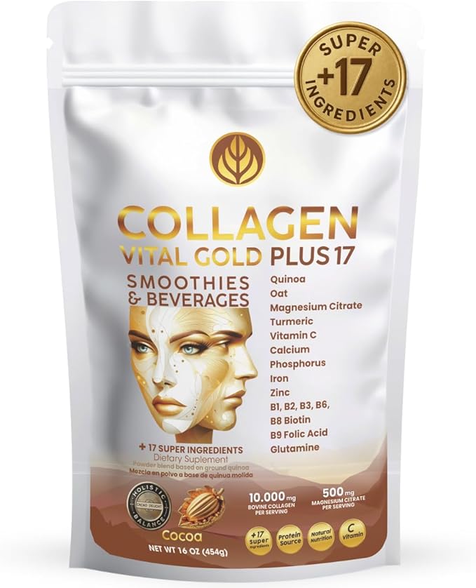 Vital Life Collagen Peptides Powder - Hydrolyzed Collagen with +17 Super Ingredients 1 lb Cocoa Flavor Supplement for Healthy Hair Skin Nails Bones Joints Collagen for Women &amp Men.