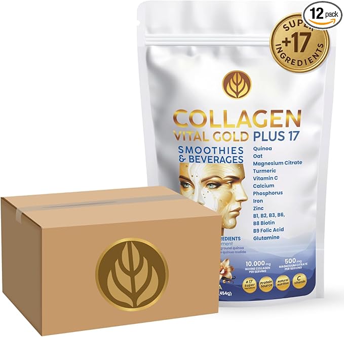 Vital Life Collagen Peptides Powder +17 Super Ingredients 1 lb (Pack of 12) Vanilla Flavor Supports Hair Skin Nails Bones Joints &amp Digestive Health Collagen for Women &amp Men.
