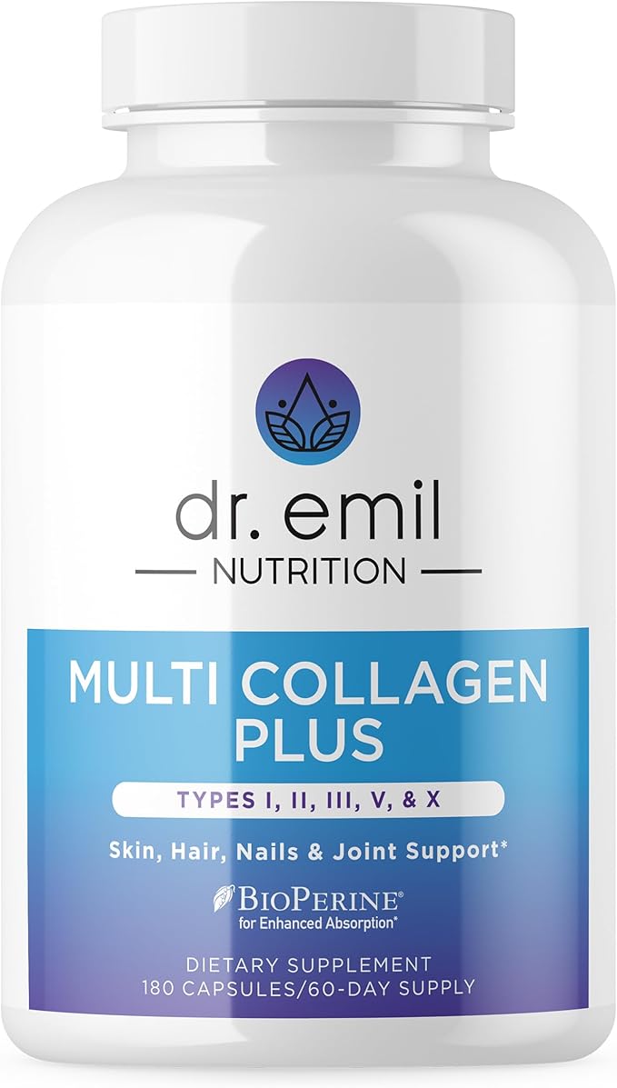 DR. EMIL NUTRITION Women's Multi Collagen Pills | Collagen Supplements to Support Hair Skin Nails &amp Joints | Hydrolyzed Collagen Supplements Types I II III V &amp X | 180 Capsules