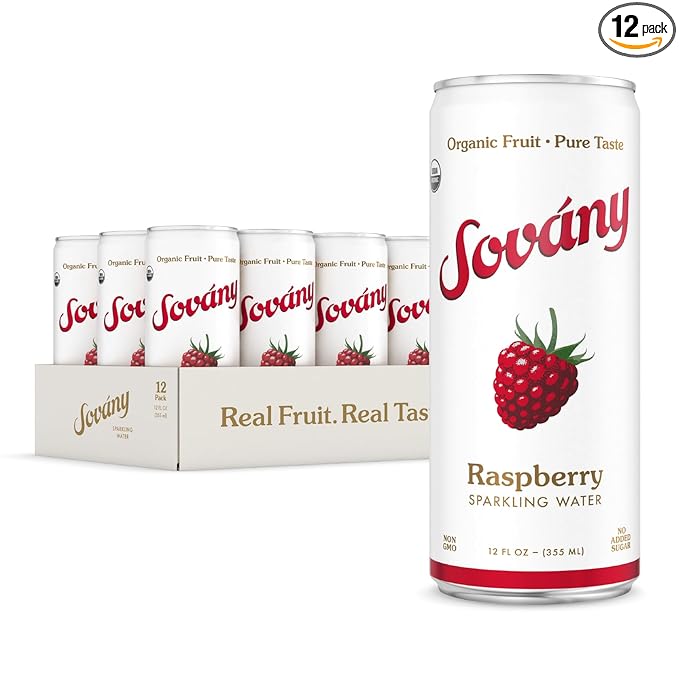 Sovány Sparkling Water Raspberry Seltzer Water Drinks USDA Organic Made With Real Fruit Non-GMO Vegan No Added Sugar Low Calorie 12 fl oz 12 Pack