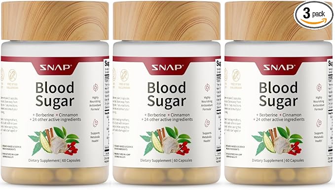 Snap Supplements Blood Sugar Blend with Berberine CoQ10 Cinnamon and Gymnema to Support Already Healthy Blood Sugar Metabolic Health and Energy Sugar Free 60 Capsules 3-Pack (Packaging May Vary)