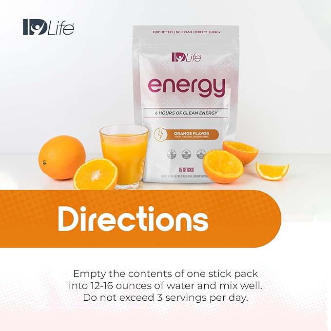 IDLife - Orange Energy Drink Powder - Sustained Energy Boost for Work Gym and Daily Use - 6-Hour Boost No Jitters or Crash - 15 Sticks Per Bag