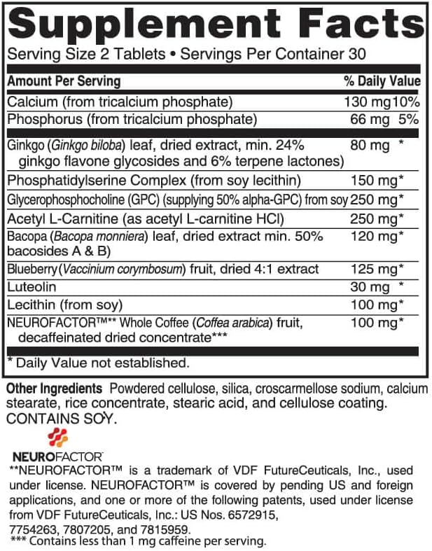Advanced Bionutritionals Advanced Memory Formula Brain Booster Supplement for Memory and Focus Acetylcholine Alpha-GPC NeuroFactor Manufactured in The USA 60 Tablets (Pack of 2)