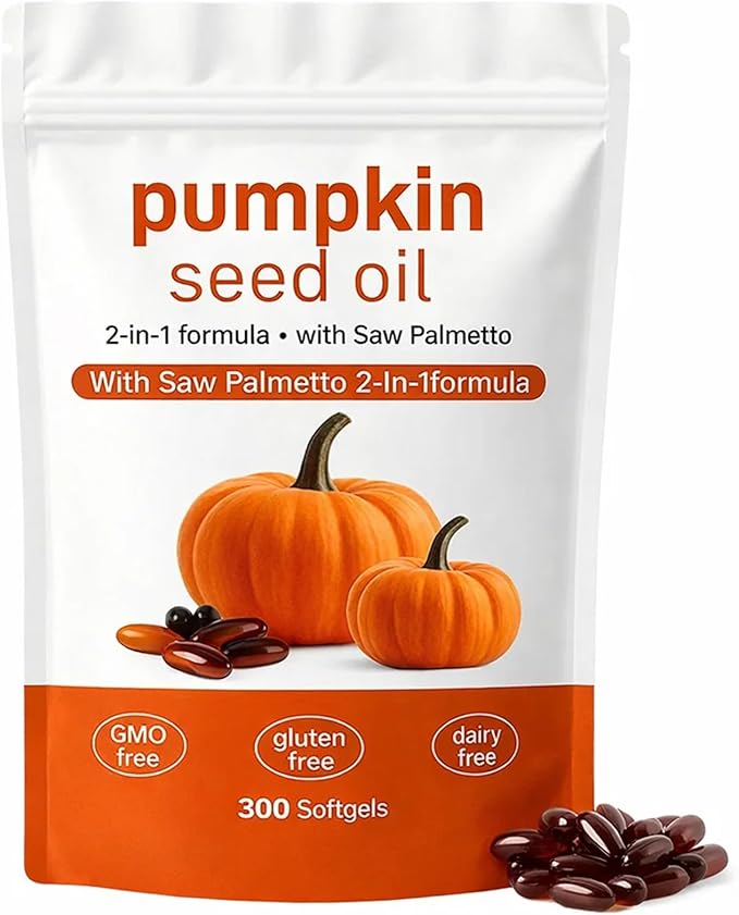 Pumpkin Seed Oil Capsules 2 in 1 Pumpkin Seed Oil with Saw Palmetto for Hair 3000mg Pure &amp Natural Supplement Supports Hair Heart Skin Supplement Non-GMO Gluten Free 300 Softgels (1)
