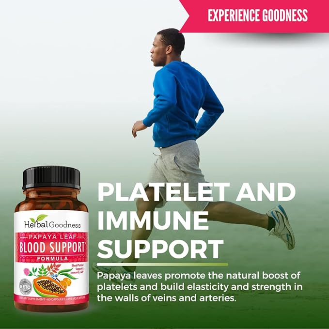 Herbal Goodness Papaya Leaf Blood Support Capsules - Platelet &amp Bone Marrow Health Immunity Support &amp Blood Cleanse - 60/450mg Veggie Capsules (1 Bottle)