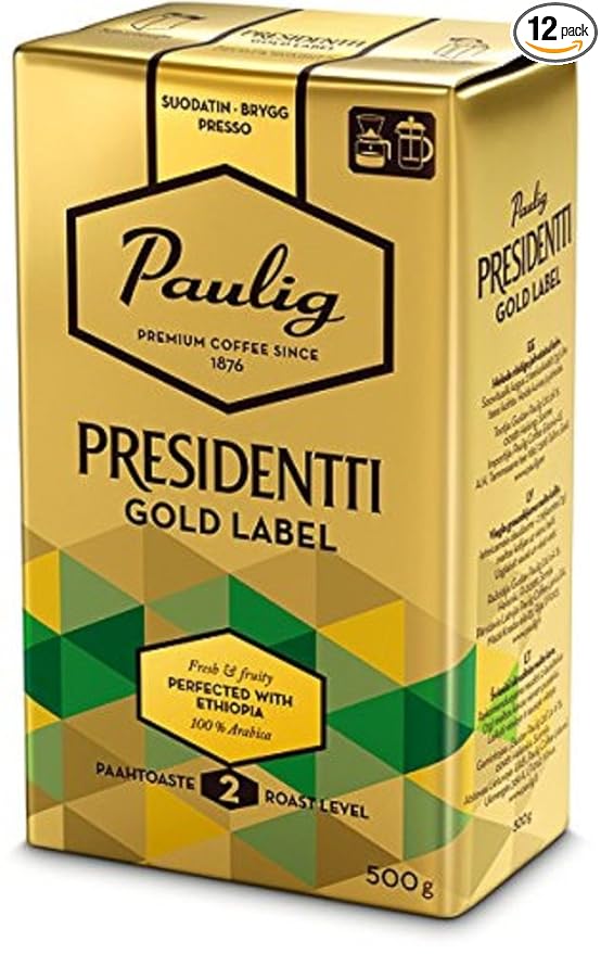 Paulig Presidentti (President) Gold Label - Premium Filter Blend Ground Coffee - Bag 500g (Finland) (12 Bags (Save 50%))
