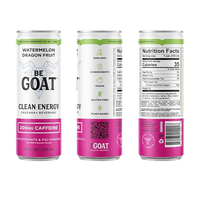 BeGOAT Clean Energy | Watermelon Dragonfruit | 6 Ingredients Plant-Based Non-GMO Vegan | 200mg Natural Caffeine | 12 fl oz Cans (Pack of 12)