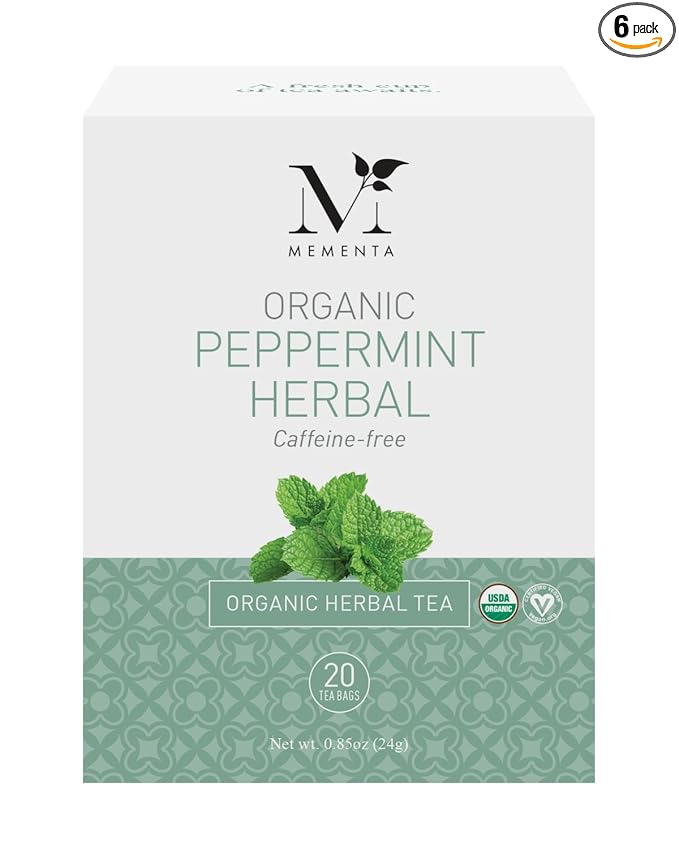 Mementa Inc Organic Herbal Peppermint Tea Bags - Caffeine Free Herbal Tea 20-Count (Pack of 6) - Refreshing and Soothing Mint Flavor USDA Certified Organic Perfect for Relaxation