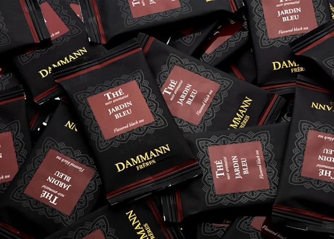 Dammann Freres Sachets Jardin Bleu Tea Bags Premium Gourmet French Black Tea Blend Strawberry Rhubarb Flavors Individually Wrapped 24 Count (Single Pack)