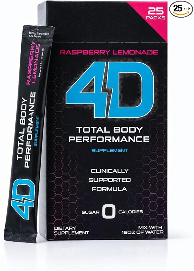 4D Raspberry Lemonade 25 Unit Drink Mixes - Electrolytes Aminos Vitamins &amp Energy Powder Packets - Zero Calories &amp Sugars - Gluten Free Non-GMO Keto &amp Vegan Friendly