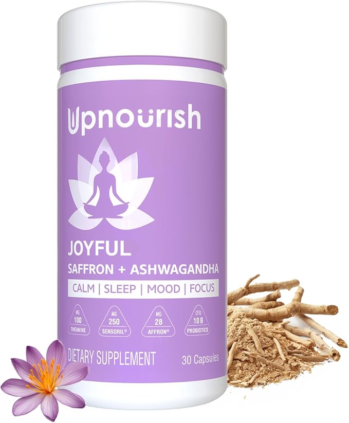 UpNourish Organic Ashwagandha Saffron Supplements with Probiotics - Stress Relief Mood Enhancer Calm Happy Pills Support Fatigue Focus Clarity with L-Theanine Rhodiola 30 Vegan Capsules