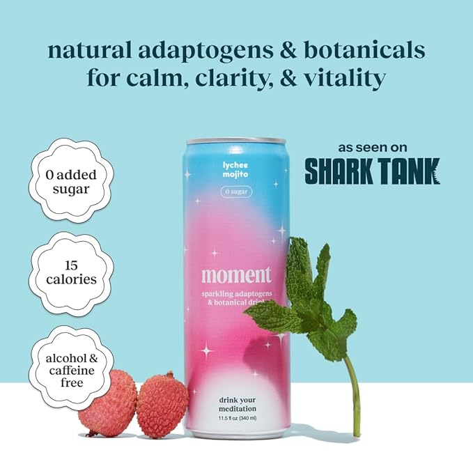 Moment Mocktails Non Alcoholic Drinks (Shark Tank) | SPARKLING Lychee Mojito Adaptogen Drink | L-Theanine &amp Ashwagandha for Calm &amp Clarity | 0 Added Sugar 0 Caffeine | 12-pack