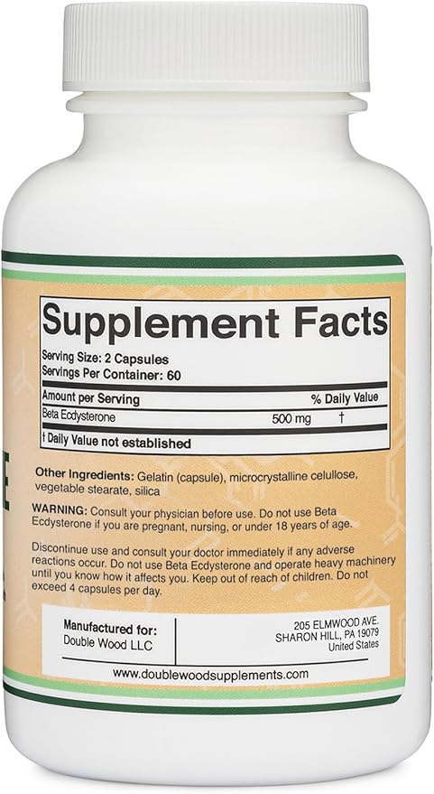 Beta Ecdysterone Supplement - 500mg Per Serving (120 Capsules 60 Servings) Powerful Plant Anabolic to Support Men's Health (Non-GMO and Gluten Free) by Double Wood