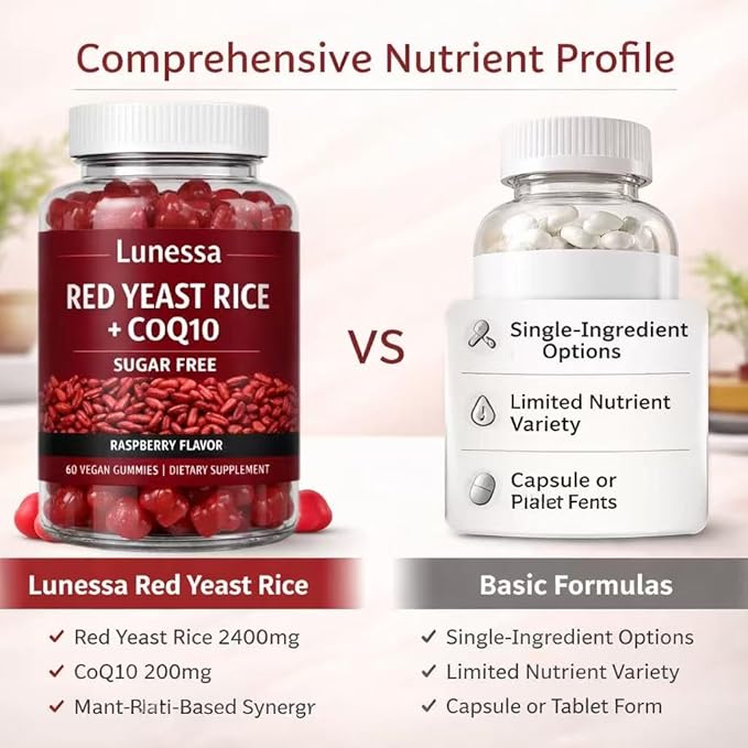 Lunessa Red Yeast Rice with Red Yeast Rice 2400mg CoQ10 200mg Restores Body Vitality &amp Maintains Healthy Cholesterol Levels for Men &amp Women Non-GMO Vegan Raspberry Flavor 60 Gummies (1)