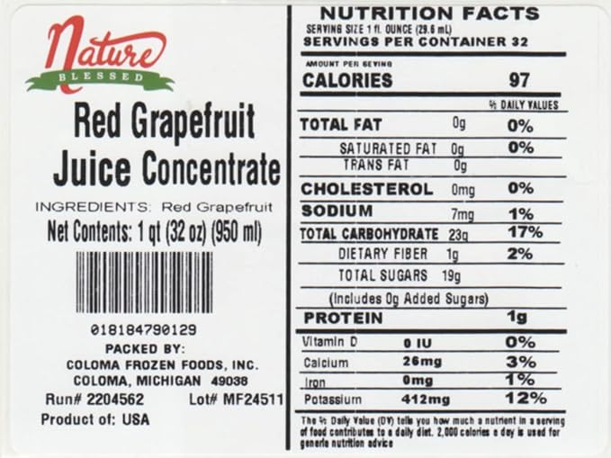 Nature Blessed 100% Pure Red Grapefruit Fruit Juice Concentrate - 1 Quart (1/32 fl oz bottle) Applications: Excellent for Home Wine Making Brewing Distilling Smoothies Mead Jelly
