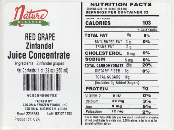 Nature Blessed 100% Pure Zinfandel Red Grape Fruit Juice Concentrate - 4 Quarts (4/32 fl oz bottles) Great for Home Vintners Home Brewers Mead Smoothies or Making Jelly