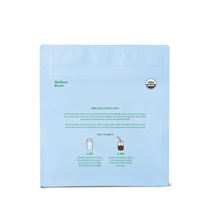 Chamberlain Coffee Organic Cold Brew Large Coffee Bags Medium Roast - Premeasured Ready to Brew - Makes 4 Cups per Bag - Perfect for Iced Coffee Convenient and Easy Brewing Experience - 8.5 oz