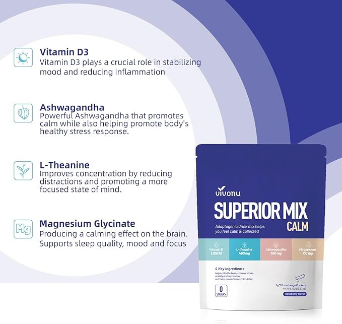 Calm &amp Sleep Powdered Drink Mix Raspberry L Theanine Ksm-66 Ashwagandha Magnesium Glycinate Vitamin D 3 Supplements for Relaxation &amp Focus No Sugar Non GMO