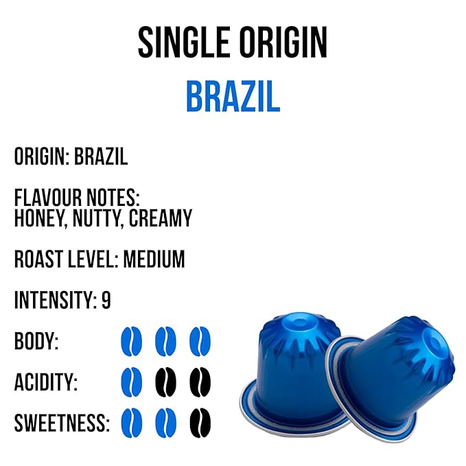 Jewel Coffee Specialty Coffee Capsules - Brazil Single Origin 100% Arabica Coffee Intensity 9 Medium Roast Compatible with Original Nespresso Machines 100 Count (10 Boxes of 10 Espresso Capsules)