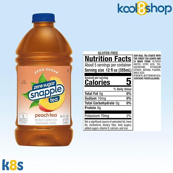 Snapple Zero Sugar Peach All Natural Tea 64 fl oz Plastic Bottle 4 Pack + 20 Compostable Bamboo Fiber Straws by KOOL8SHOP Infinite Deals