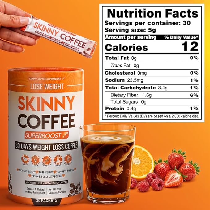 Skinny Coffee Super Boost Weight Loss Coffee Belly Fat Burner for Women &amp Men Sugar-Free Keto Vegan Reduces Bloating Supports Energy &amp Metabolism Appetite &amp Cravings Control (60 Servi