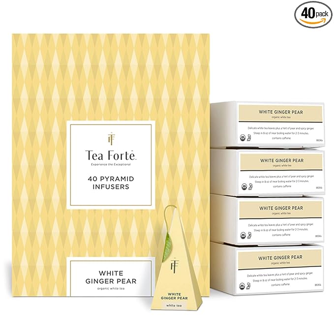 Tea Forte White Ginger Pear Premium Organic Caffeinated White Tea Blend Event Box Bulk Pack 40 Count 10 per tray Individually Wrapped Handcrafted Pyramid Infusers