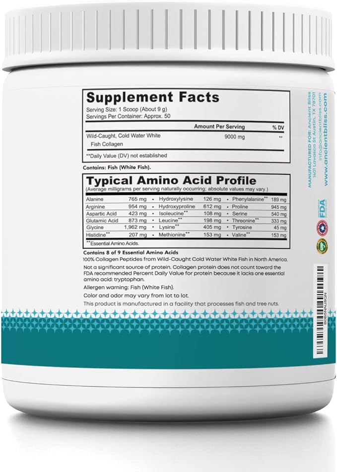 Ancient Bliss Wild-Caught Marine Fish Collagen Peptides Powder Flavorless Collagen Protein Supplement with Type 1 Non-GMO Gluten-Free Amino Acid Supplement for Skin Hair and Nails 15.87 Oz