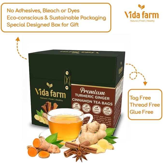 VIDA FARM 50 Turmeric Ginger Cinnamon Tea Bags 100% Natural Ginger Cinnamon Turmeric Tea Te De Curcuma Jengibre Herbal Tea Sugar Free Caffeine Free Gluten Free