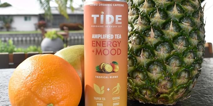 TIDE Yaupon Tea Premium Brewed Clean Energy with 125mg Caffeine - Ginseng Health Drink - Organic Fruit Juice &amp Green Tea - Healthy Morning Boost Beverage Low Calorie Tropical 12 Pack