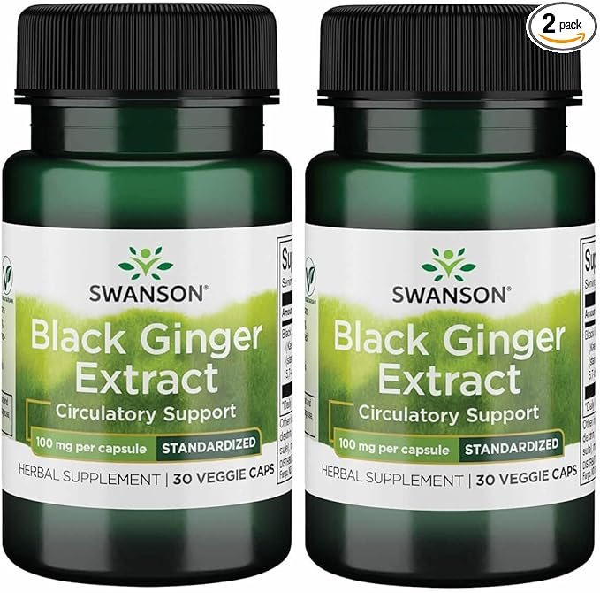 Swanson Black Ginger Extract - Promotes Healthy Blood Circulation and Physical Vigor - May Aid Heart Health Muscle Tissue and Mental Wellbeing - (30 Veggie Capsules 100mg Each) (2 Pack)