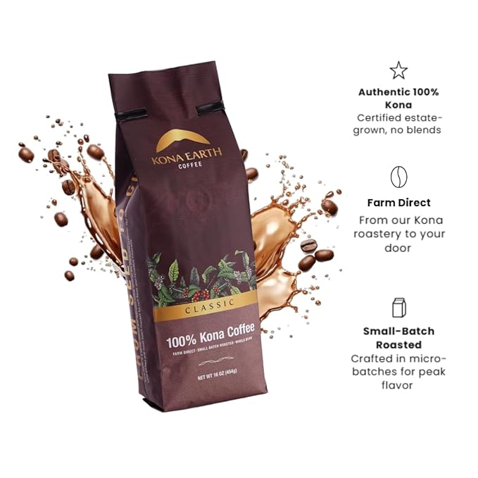 KONA EARTH 100% Kona Coffee Classic Medium Roast Whole Bean 1 lb (16oz) Farm-Direct Authentic Hawaiian Kona Coffee beans from Hawaii’s Big Island Micro-Batch-Roasted