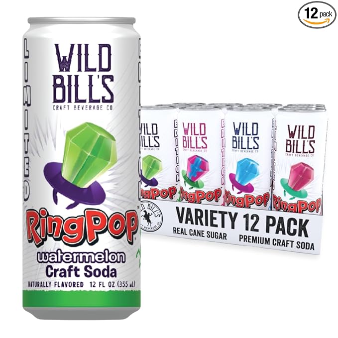 Wild Bill’s Craft Soda Variety Pack – Ring Pop Soft Drinks – Watermelon Strawberry Berry Blast &amp Blue Raspberry – Pure Cane Sugar No HFCS Caffeine Free Vegan Gluten Free - 12 Oz Cans 12 Pack