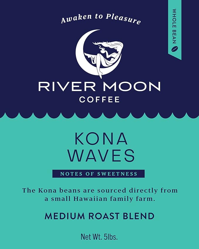 River Moon Coffee Kona Coffee Whole Bean Medium Roast 5 lbs Kona Waves Hawaiian Blend Sustainably Farmed 100% Arabica
