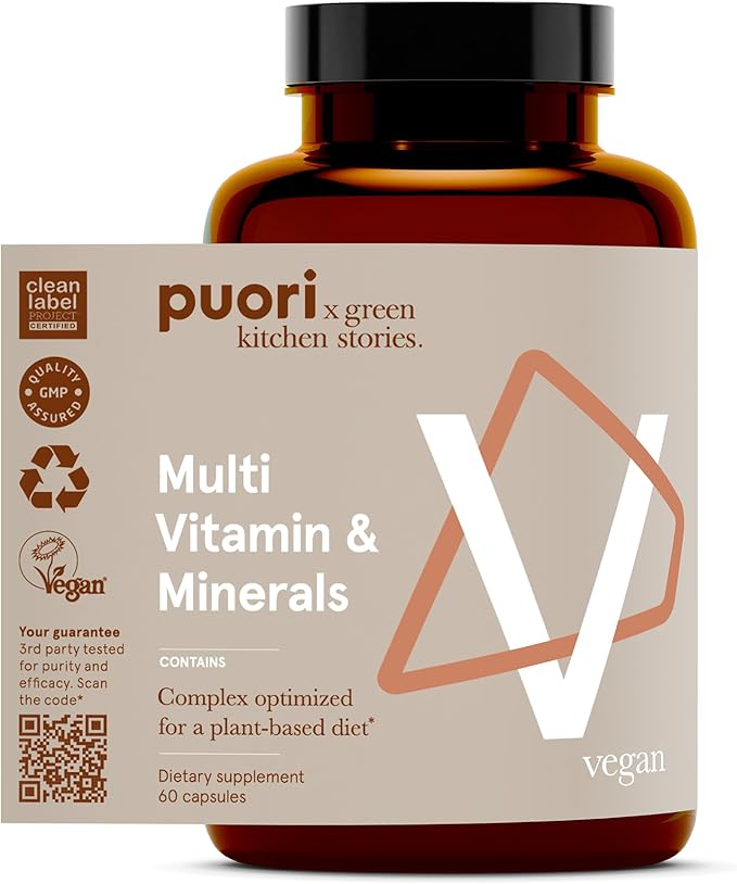 Puori Vegan Multi-Vitamin &amp Mineral Complex for Men &amp Women - Blended Multivitamins with 13 Essential Vitamins &amp 9 Minerals for Overall Health Nervous &amp Immune System Support - 60 Cap