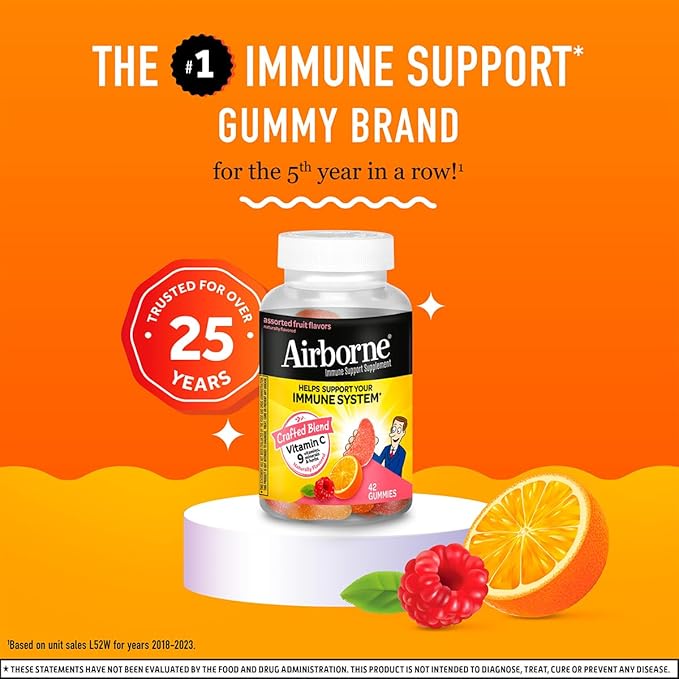 Airborne 750mg Vitamin C Immune Support Supplement Gummies for Adults Assorted Fruit Flavor Gluten Free Crafted Blend with Powerful Antioxidants Vitamins A C &amp E 42 Gummies (2 Pack)