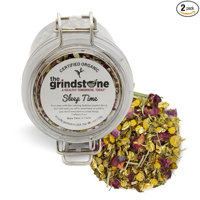 Grindstone Organic Sleep Time Tea – Herbal Infusion with Valerian Root Chamomile &amp Lemon Balm – Loose Leaf Tea in PET Kilner Jar – Relaxing Bedtime Blend – Pack of 2