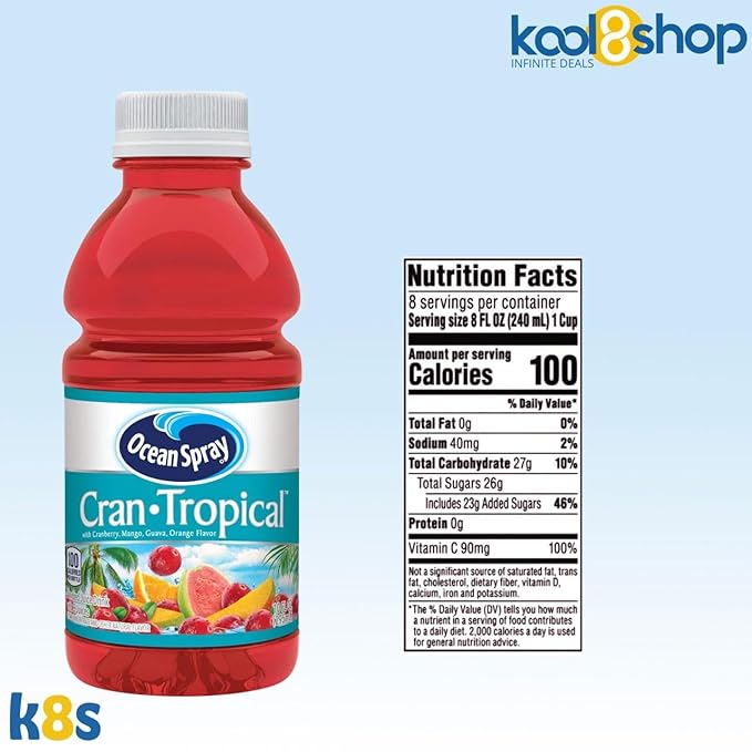 Ocean Spray Cran Tropical Fruit Juice Drink 10 fl oz Plastic Bottles 24 Pack + 2 Reusable Snack Bags by KOOL8SHOP Infinite Deals
