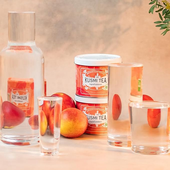 Kusmi Tea - AquaSummer - Organic Blend of Hibiscus Apple Apricot &amp Peach - Caffeine Free Herbal Tea - Enjoy Hot or Iced - Loose Leaf Tea - Tin Box of 3.5 oz - Quantity for about 50 cups