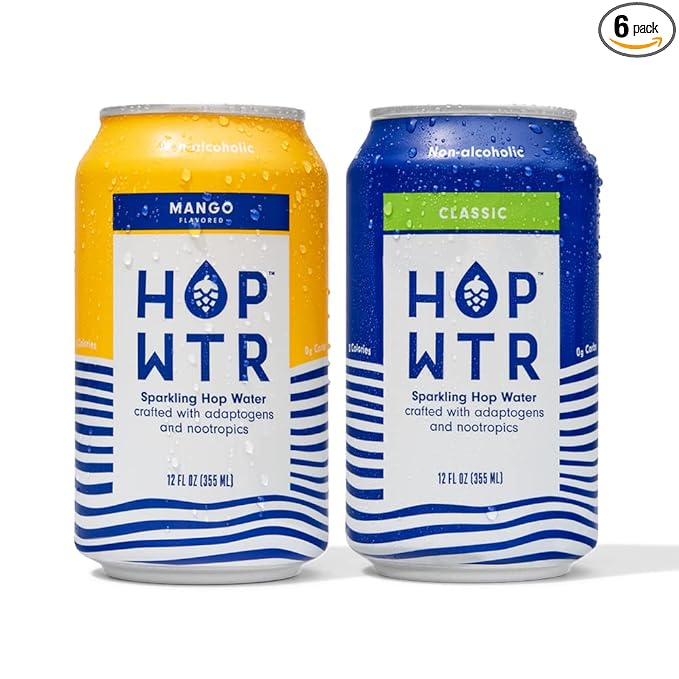 HOP WTR Sparkling Hop Water Classic 6 Pack Mango 6 Pack Sugar Free Low Carb Non Alcoholic Drinks NA Beer Adaptogen Drink No Calories Adaptogens &amp Nootropics for Added Benefits 12 oz Cans